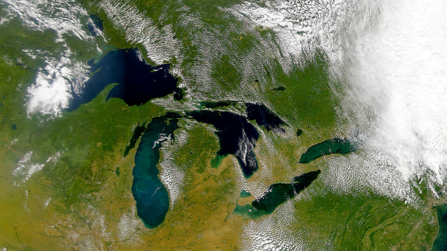 A view of the Great Lakes in late summer, from the NASA SeaWiFS satellite, September 17, 1999. NOAA research shows that climate change is driving long-term warming in the deep waters of Lake Michigan.