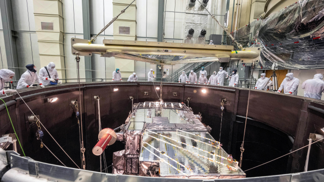 NOAA’s GOES-T, a geostationary weather satellite, must go through rigorous testing before launch. Here, it is lowered into a thermal vacuum chamber in August 2020 at a Lockheed Martin facility in Littleton, Colorado. This test simulates the extreme temperatures of launch and the space environment.