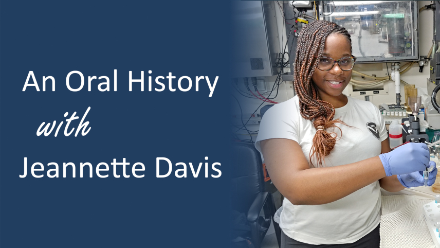 The words "Oral History with Dr. Jeannette Davis" in white over a blue gradient, with a photo of Dr. Davis to the right.
