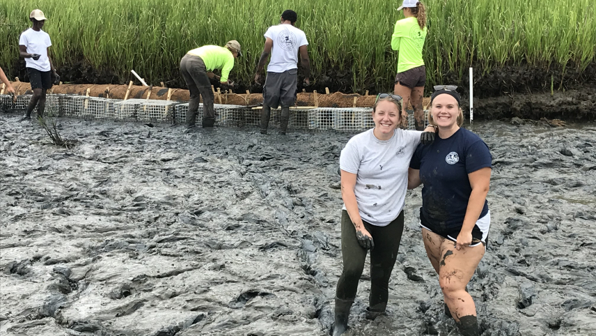 Michelle and Jessica smile for the camera in a landscape of shin-deep, thick, dark mud with dense, towering marsh grass in the background. Behind them, four people with their backs to the camera adjust wire cages in the mud by the marsh grass.