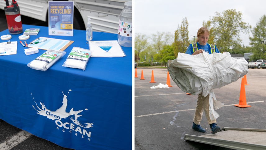 (Left) A table is set up with various papers, pens, and other materials that provide information on recycling shrink wrap. A blue tablecloth that reads “Clean Ocean Access” covers the table. (Right) A person carries a large rolled up piece of white shrink wrap up a ramp in a parking lot outside. Orange traffic cones are lined up on the lot behind the person.  