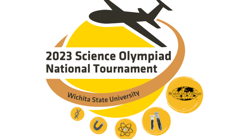 A primarily yellow logo in the spherical shape of a planet with STEM icons revolving around it. Text: 2023 Science Olympiad National Tournament, Wichita State University.