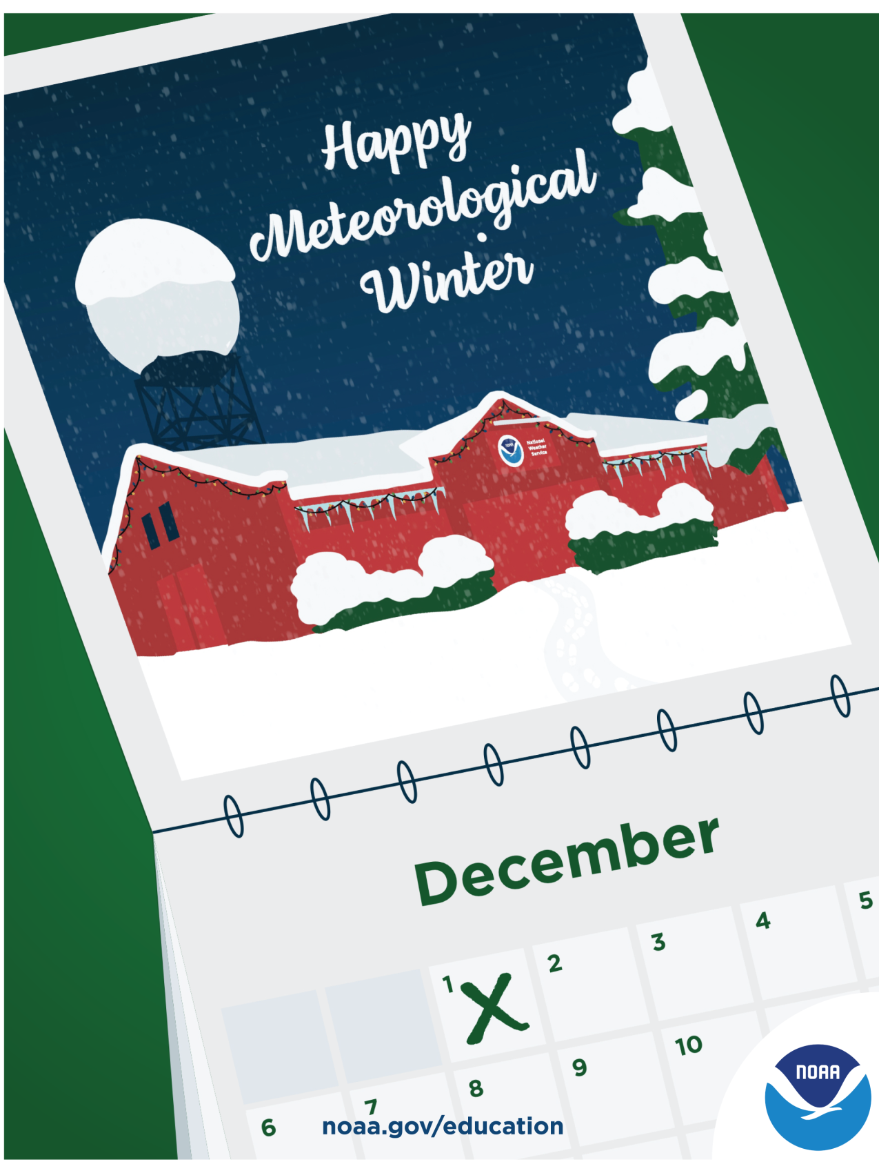 An illustrated holiday card featuring a calendar flipped to December, with the date of December 1st marked with an "X." The art on the calendar depicts a National Weather Service office covered in snow. There is a NOAA logo in the corner of the card. Text: Happy meteorological winter! noaa.gov/education