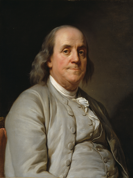Painting of Benjamin Franklin, seated in front of a greyish-brown background. He wears a grey waistcoat and coat, and a white cravat.
