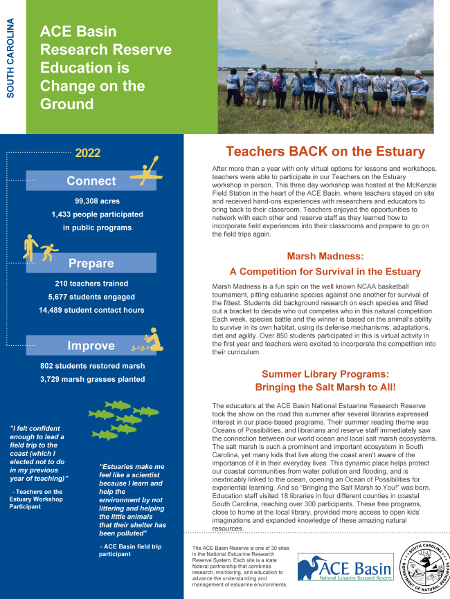 Thumbnail of a PDF titled, "ACE Basin Research Reserve Education is Change on the Ground."