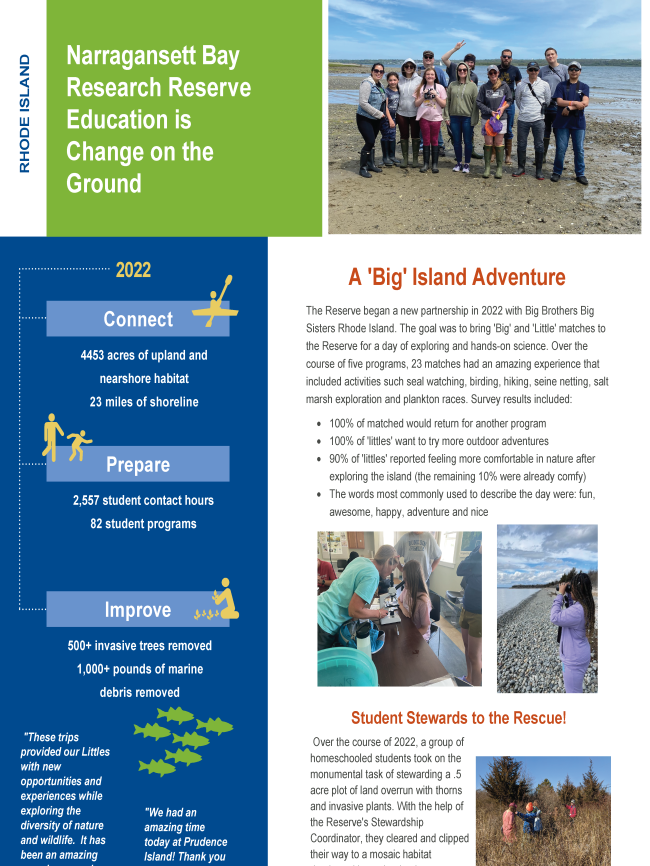 Thumbnail of a PDF titled, "Narragansett Bay Research Reserve Education is Change on the Ground."