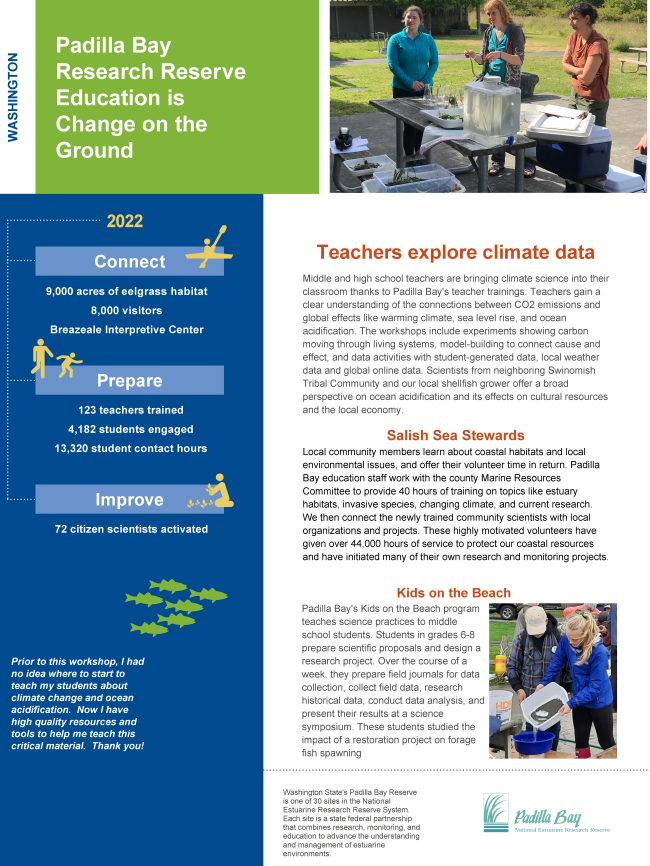 Thumbnail of a PDF titled, "Padilla Bay Research Reserve Education is Change on the Ground."