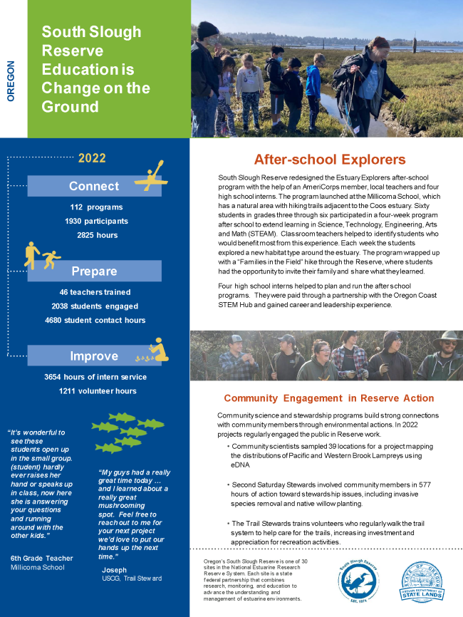 Thumbnail of a PDF titled, "South Slough Research Reserve Education is Change on the Ground."