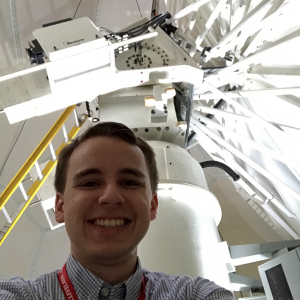 Drew Koeritzer inside a radar dome at the Cleveland Airport during his internship with the Cleveland Weather Forecast Office.