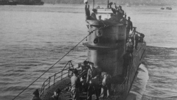 The German U-576 departing Saint-Nazaire, France, circa 1940-1942. The submarine was sunk in 1942 by aircraft fire after attacking and sinking the Nicaraguan freighter Bluefields and two other ships off North Carolina.