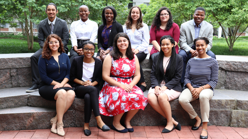 The NOAA Educational Partnership Program with Minority Serving Institutions Undergraduate Scholarship Program Class of 2019 sit together outside NOAA headquarters in Silver Spring, Maryland, during scholarship orientation. Bottom, left to right: Nohemi Perales, Ayanna Butler, Jezella Peraza, Elyse Bonner, Kristyn Wilkerson
Top, left to right: Sheldon Rosa, Darrielle Williams, JaNia Dunbar, Paola Santiago, Ashley Yates-Contreras, Koffi Apegnadjro