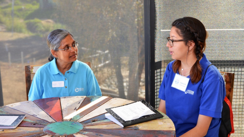 Jasmin John, left, a physical scientist at NOAA’s Geophysical Fluid Dynamics Laboratory, mentors a young ocean leader at the Ocean Discovery Institute in San Diego. Jasmin served as a scientist-in-residence there, helping to mentor students of all ages and to develop a sixth grade curriculum on climate change’s impacts on the ocean.