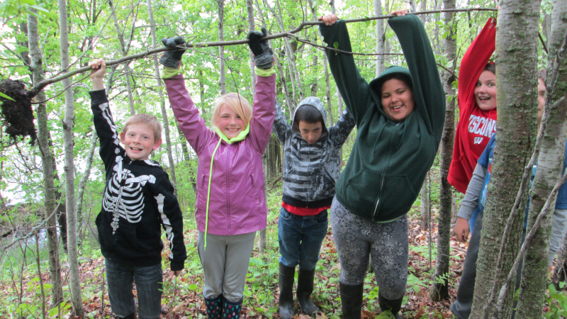 Five elementary school students stand in a line in a forest holding an uprooted invasive sapling.