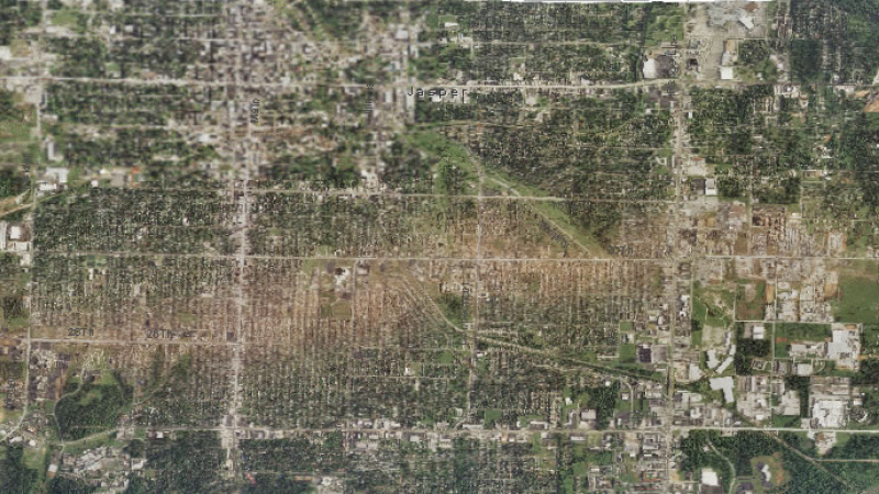 Joplin, Missouri: Damage surveys confirm a tornado’s path
After NOAA’s aerial team completes its damage survey, scientists can weave together hundreds of individual images to produce an image of a tornado’s path. Pictured above is Joplin, Missouri, following the May 22, 2011, EF-5 tornado. This mile-wide tornado traveled approximately 22 miles on the ground killing 158 people. It was the deadliest single tornado to strike the U.S. since 1947. According to NOAA economists, the outbreak of