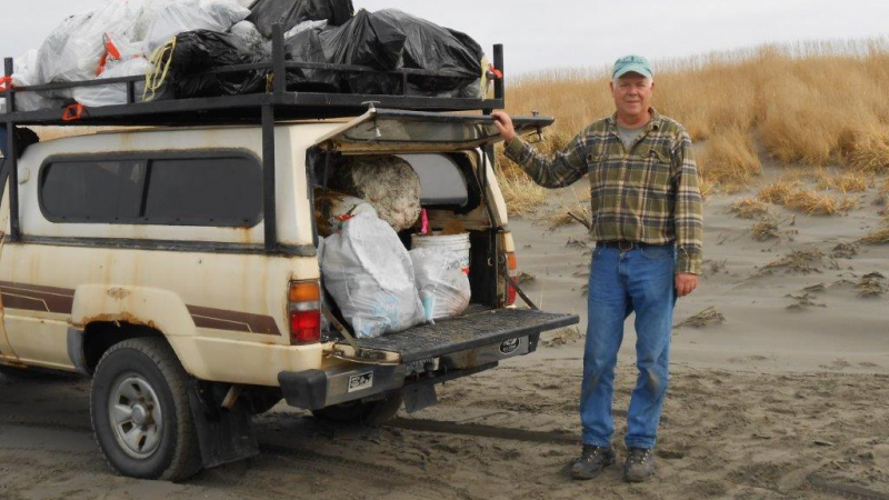 In the past six years, Russ Lewis has logged 957 trips to the beach to pick up litter. Each trip is only a few hours long, but they add up. Russ, his wife, and their fellow volunteers remove somewhere between 6 and 9 tons of debris every year — so much litter that NOAA now sponsors a dumpster to hold it all.