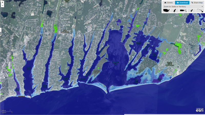 Waquoit Bay on Cape Cod, Massachusetts under a 6 foot sea level rise scenario. Interactive map at http://go.usa.gov/x24gw.