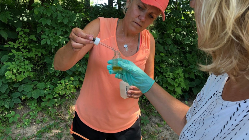 Rivers2Lake teachers Sue Correll (left) of Superior, Wisconsin, and Melanie Ogren (right) of Iron River, Wisconsin, perform a dissolved oxygen test on the banks of the St. Louis River near Meadowlands, Minnesota, during the 2018 Rivers2Lake Summer Institute.
