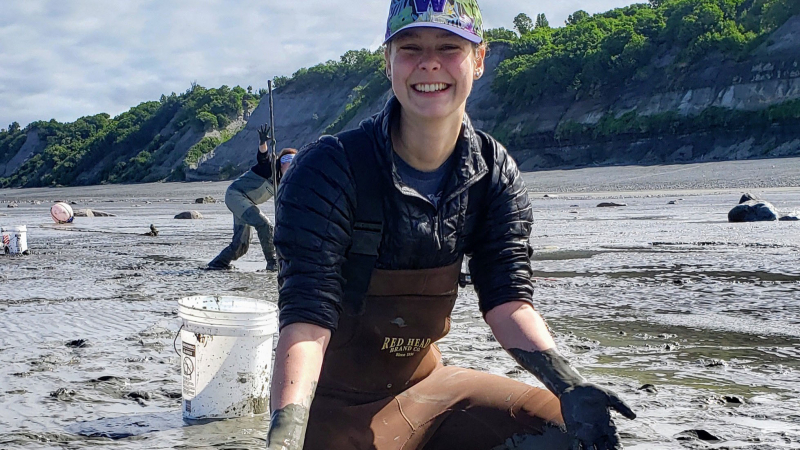 Katie Hearther, a 2018 NOAA Hollings scholar, assisted the Alaska Department of Fish and Game with their razor clam surveys, which monitor the health of the population and check for toxins. Surveys were conducted at Clam Gulch, Kenai Peninsula.