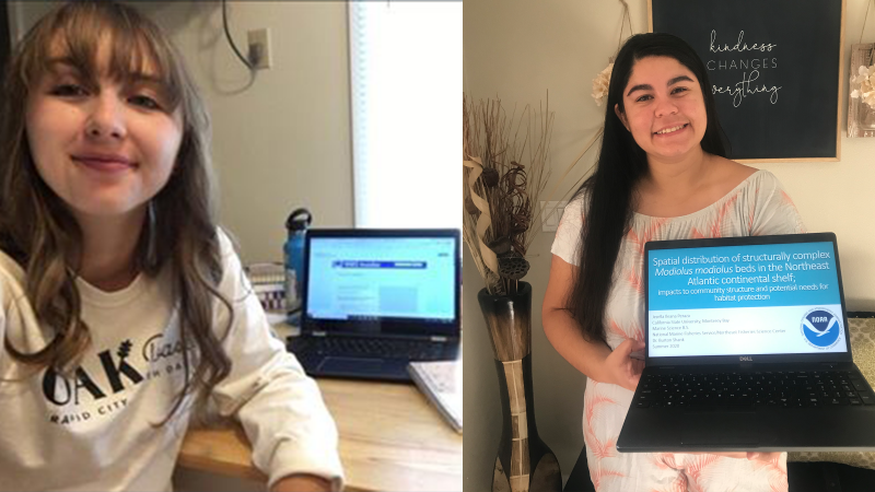 This year, the NOAA scholars had to complete and present their internship project findings virtually. Here, Hollings scholar Hannah Neumiller (left) shows her summer workspace and EPP/MSI scholar Jezella Peraza (right) poses before her presentation.