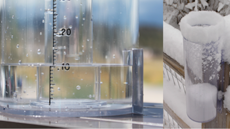 Left: A clear cylindrical tube (rain gauge) is filled with water up to the “10” mark. Right: A clear cylindrical tube (rain gauge) is attached to an outside fence collecting snow.