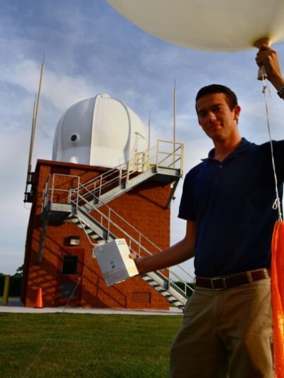 Alek Krautmann, a NOAA Hollings scholarship alumnus, completed his summer internship in 2009 at the National Weather Service Weather Forecast Office in Charleston, South Carolina. Here, he’s about to release a weather balloon in order to collect and record local weather data for his internship project.