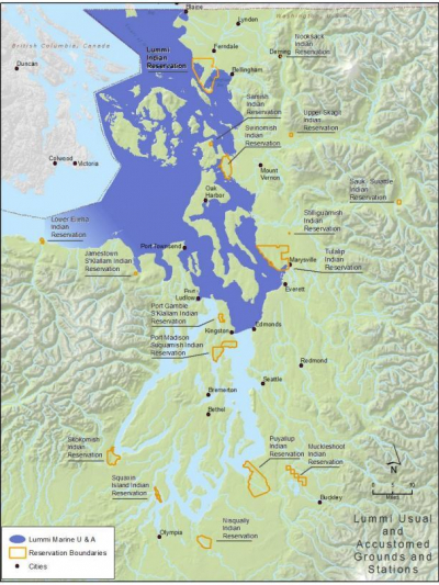 Lummi Nation is a self-governing treaty tribe within the United States of America. Lummi traditional lands, past and present, occupy a large territory that includes coastal lands and islands from British Columbia south to the vicinity of Seattle, Washington. Lummi Indian Reservation is located at the mouth of the Nooksack River watershed.