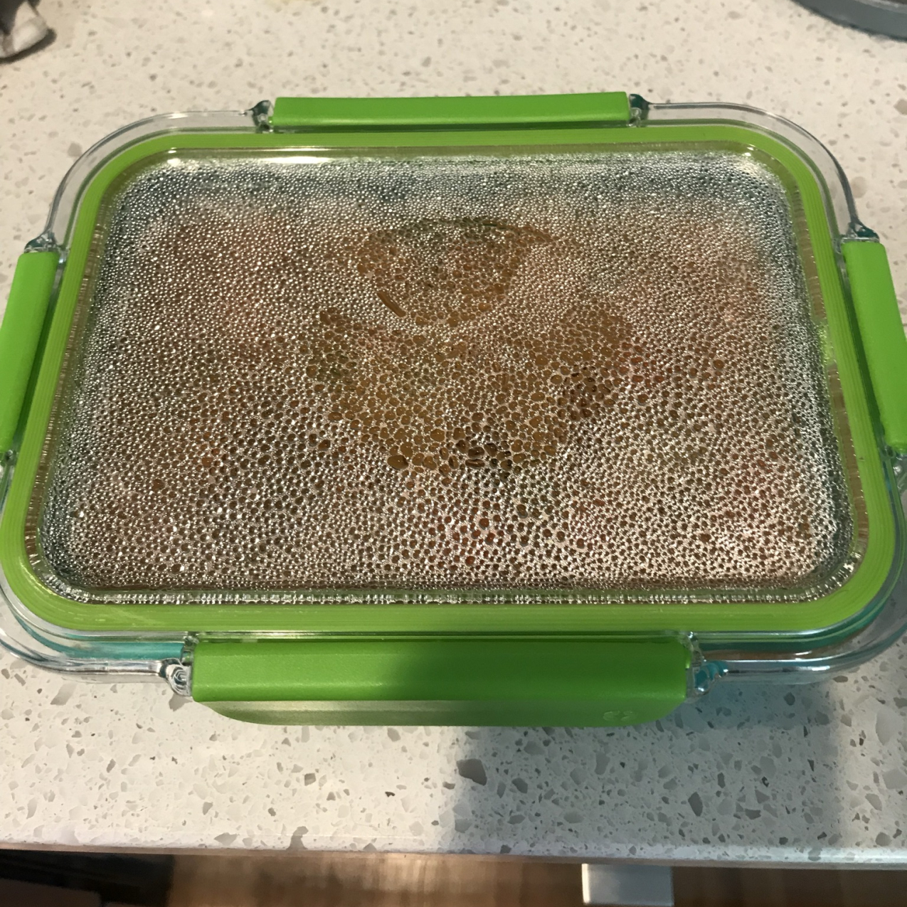 Droplets of water have formed on the clear lid of a container of leftovers. Larger droplets form the shape of the NOAA logo.