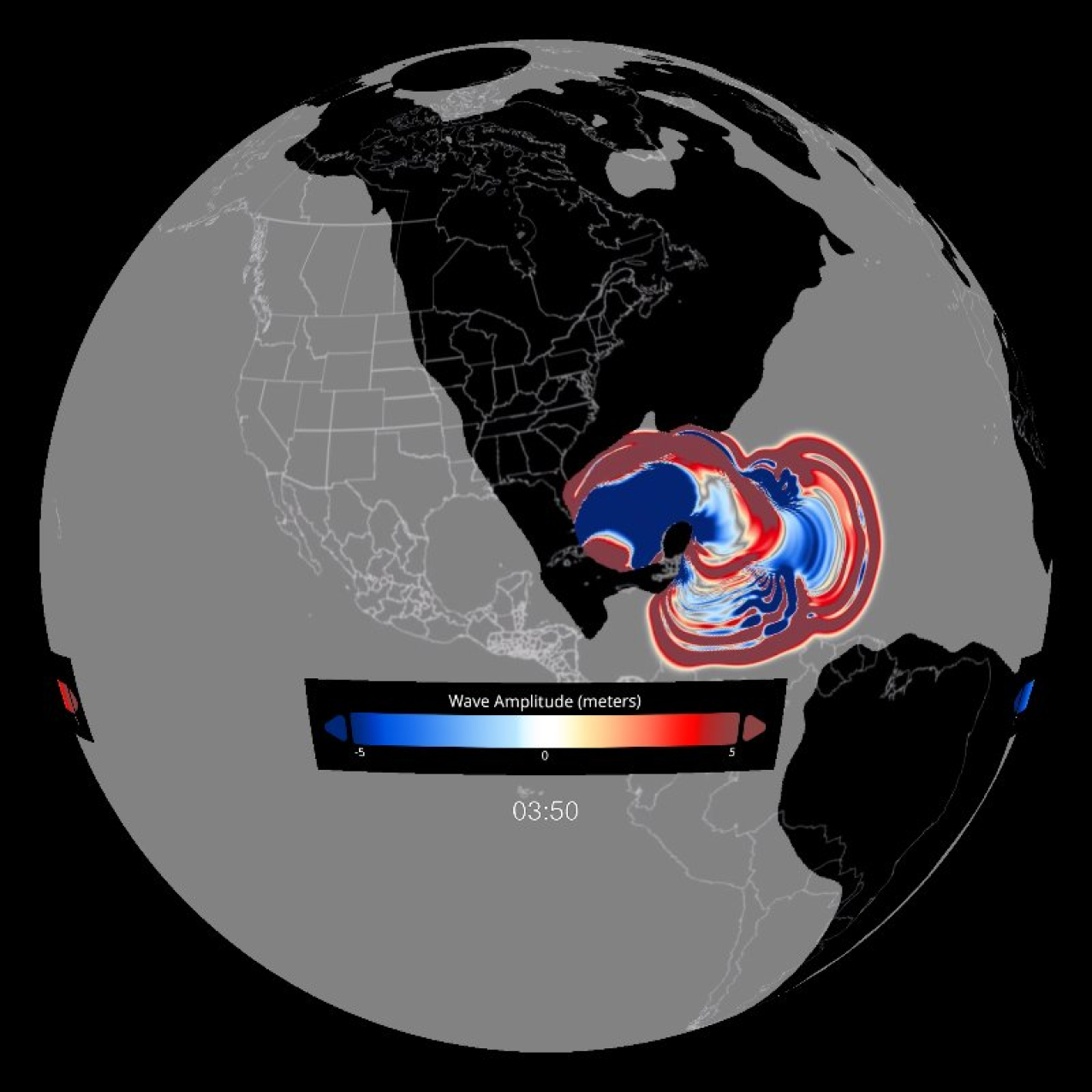 A view of the Earth from 66 million years ago shows a red and blue wave propagating out from the point of impact of an asteroid near the Yucatan Peninsula. The colors are associated with both positive (red) and negative (blue) wave amplitudes. As time goes on, the wave spreads around the globe