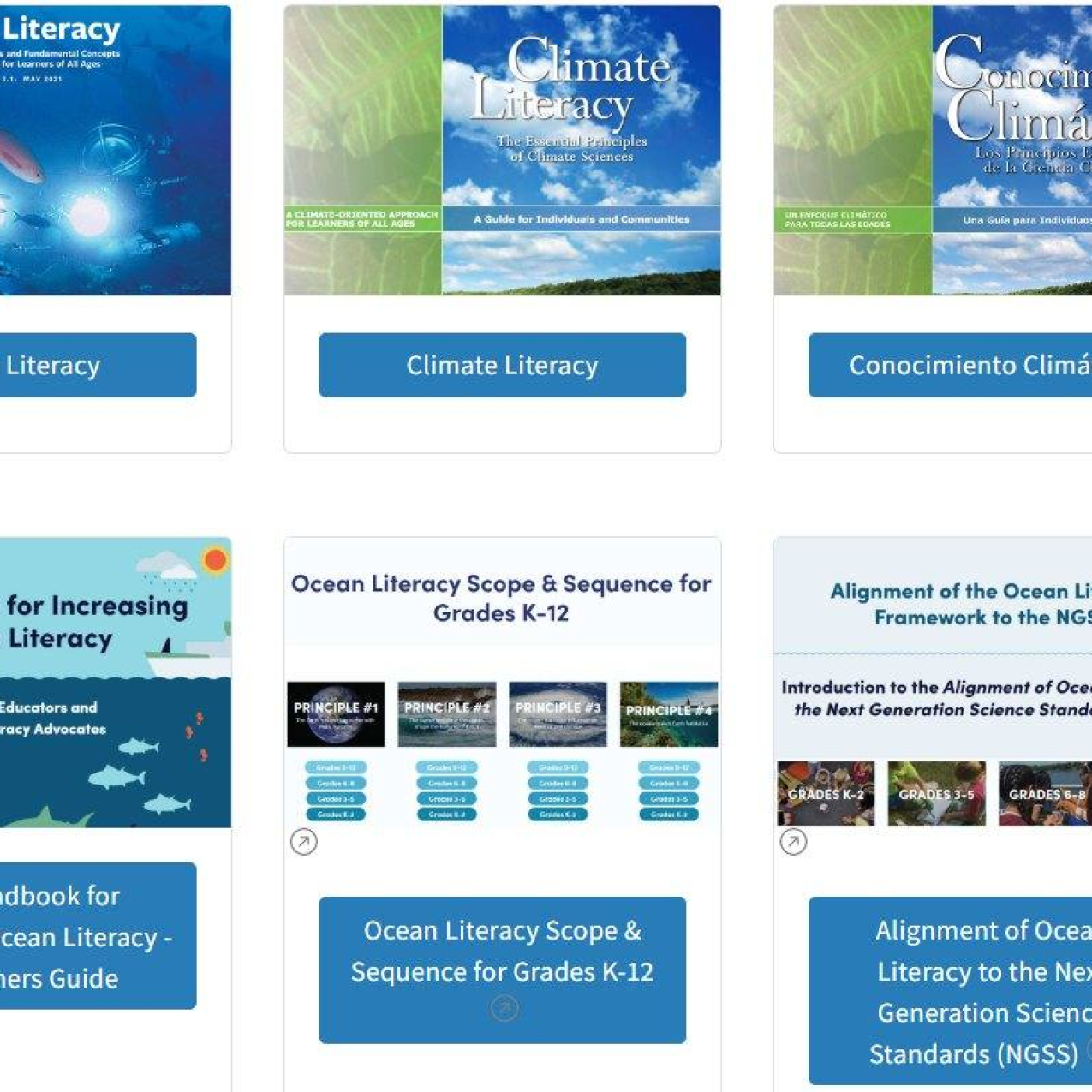A screenshot from a website showing documents that you can download, including Ocean Literacy, Climate Literacy, Conocimiento Climatico, The Handbook for Increasing Ocean Literacy - Practitioners Guide, Ocean Literacy Scope and Sequence for Grades K-12, and Alignment of Ocean Literacy to the Next Generation Science Standards