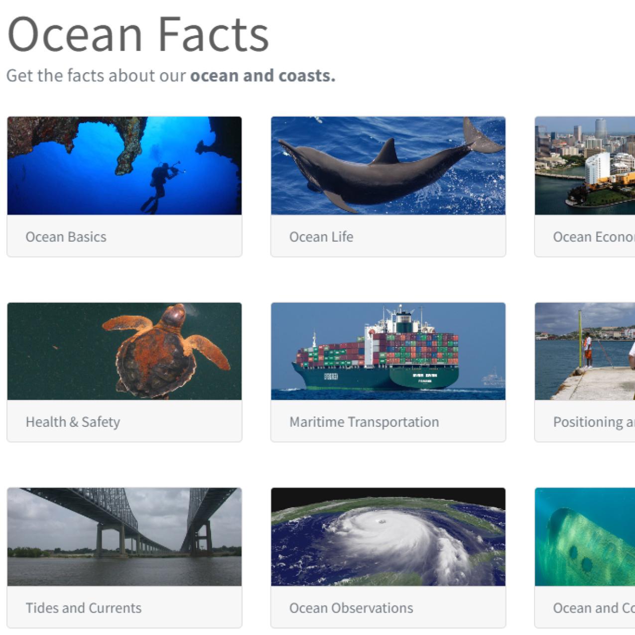 A grid of photos related to the ocean and coasts. Text: Ocean Facts: Get the facts about our ocean and coasts.