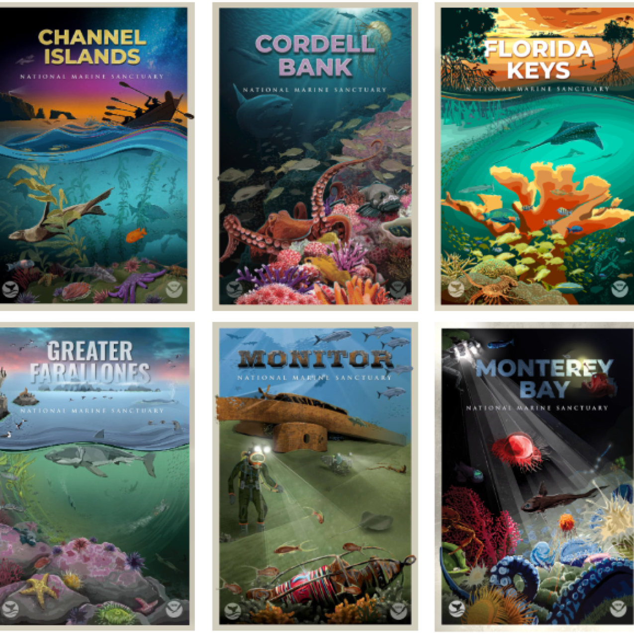 A grid of artistic posters with ocean art of different national marine sanctuaries.