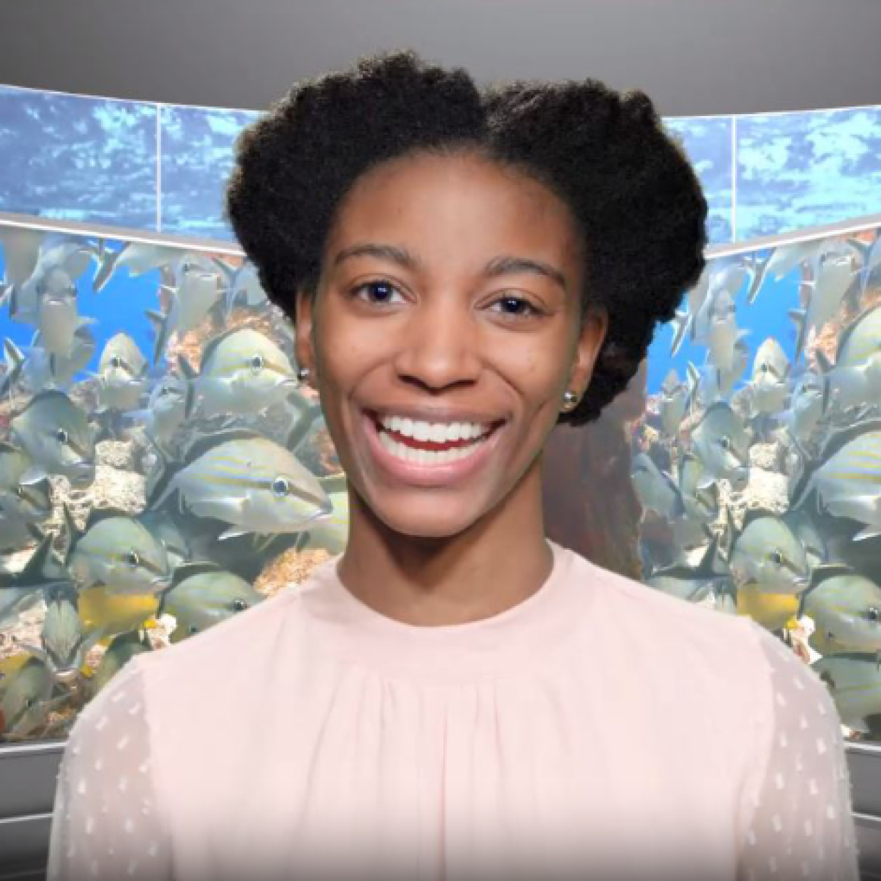 Symone (Johnson) Barkley smiles into the camera with a photo of a large school of fish behind her. Text: Introduction - The Ocean We love. We love the ocean and we know you do too. Join Symone Johnson as she gives us a ninety second tour of our Earth Day collection.