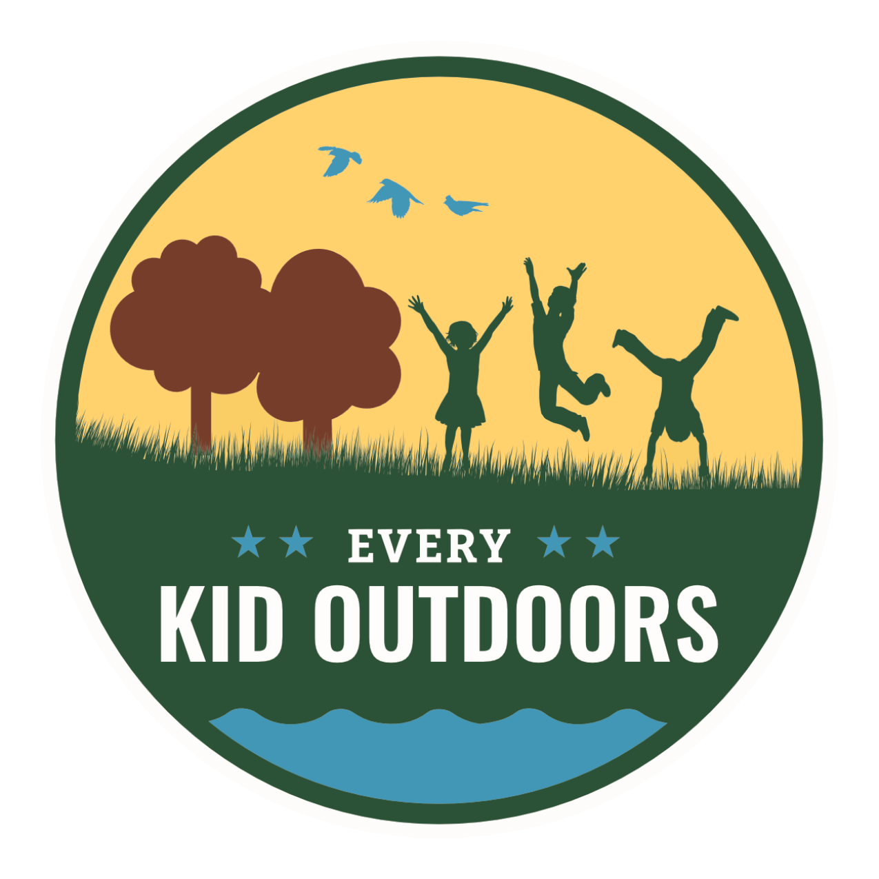A circular artistic graphic of three kids jumping and playing outside. Text: Every Kid Outdoors.