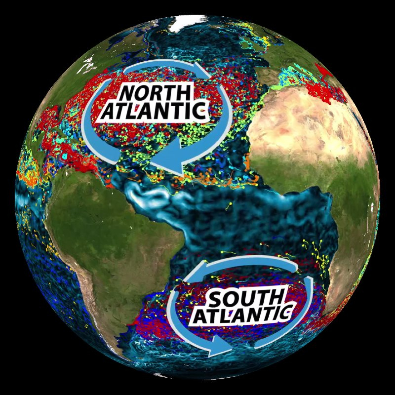 A Science on a Sphere dataset showing ocean gyres and marine debris data.