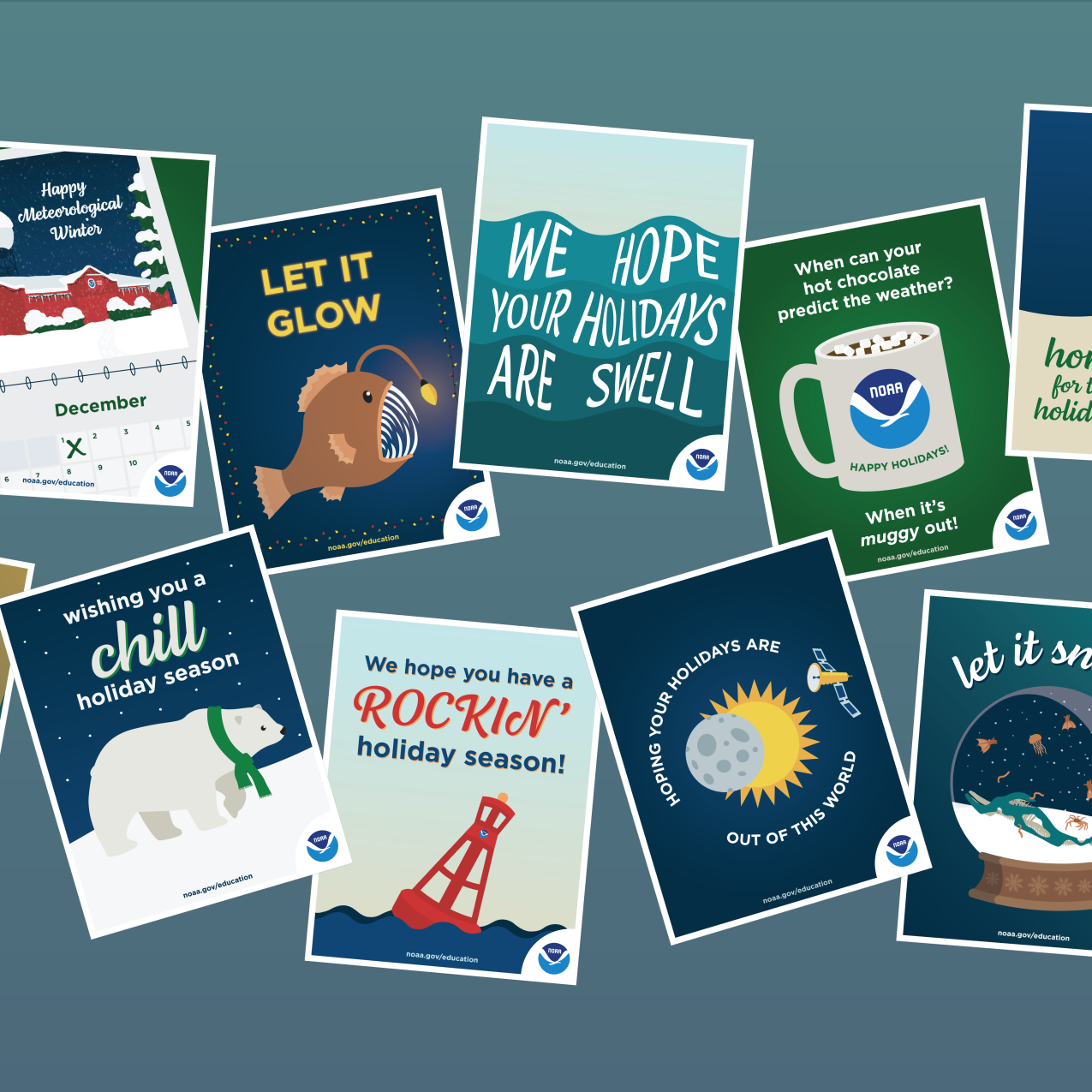An array of NOAA-themed holiday cards.