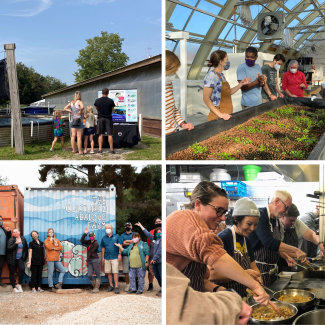 A collage of photos each showing an activity from the eeBLUE aquaculture literacy mini-grants. Activities shown range from observing and tending to oysters to cooking seafood and talking with teachers.