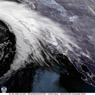 NOAA GOES West satellite imagery from January 4, 2023. Clouds are shown in white. An atmospheric river can be seen funneling moisture over the coast of Oregon, Washington and Northern California.