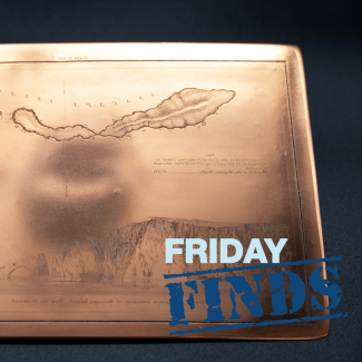 An etched copper plate used for printing maps and charts in the 19th and early 20th centuries. This one is of Anacapa Island and was etched by American artist James McNeill Whistler. It features an overhead view of the island, as well a a side view of the coast, to which he added several birds flying overhead. The image on the plate is depicted backwards for use with a printing press. The artists had to use a mirror to etch the map from a reference sketch.