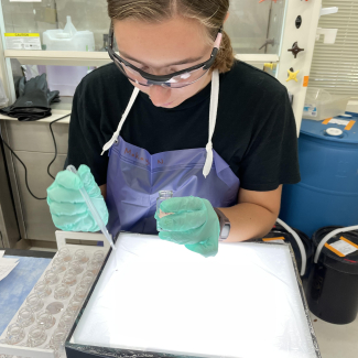 Makayla stands at a lab bench, looking down at a lab tray that looks to contain shallow water. She holds a transfer pipette in one gloved hand and a sampling vial in the other. She wears protective goggles and an apron.