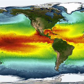 A simulation of sea-surface temperatures from the Geophysical Fluid Dynamics Laboratory. This model inspired the U.S. Postal Service to create a Forever international rate stamp, released on Earth Day in 2014.
