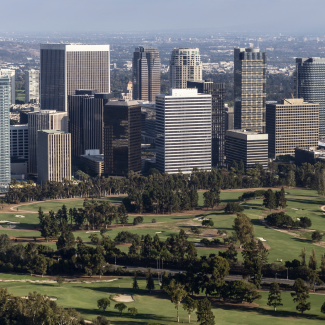 An aerial view of Century City section of Los Angeles, California. 