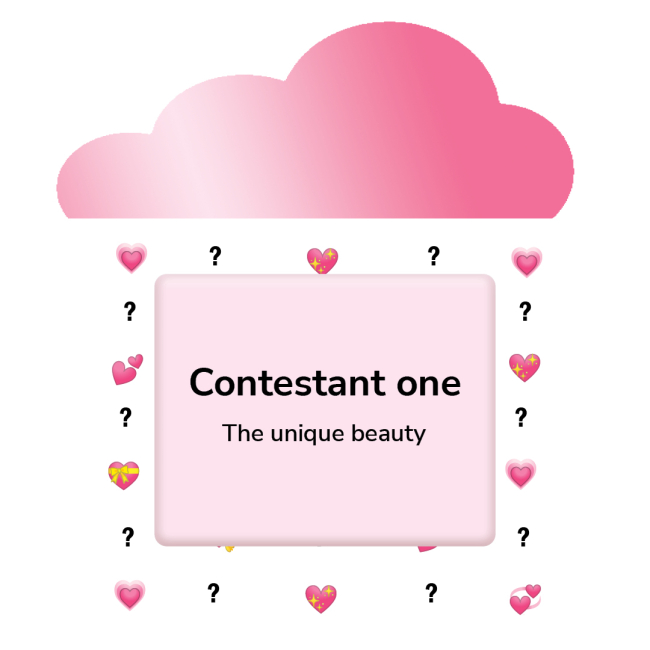 A graphic of a pastel pink cloud raining heart emojis and question marks. A box in the center reads “Contestant one. The unique beauty.”