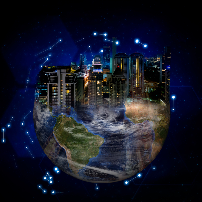 Collage of globe with city skyline