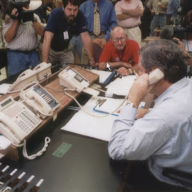 This colorful photo shows reporters filming Hurricane Specialist Richard Pasch making a hurricane conference call with the National Weather Service New Orleans/Baton Rouge Office during Hurricane Katrina in 2005. On the right, a man sits on one of a bank of phones with his back to us. Reporters with cameras and microphones crowd around the table.