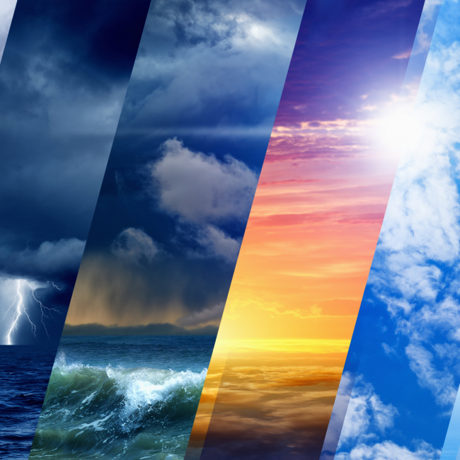 A collage of weather systems including thunderstorms, rain, heat waves, and fair weather.