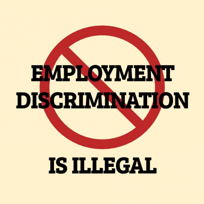 Employment Discrimination is Illegal image with symbol for 'no' (circle with a line across) in the background