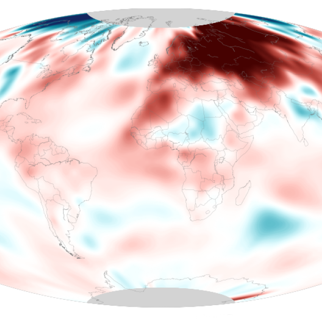 This global map shows where February 2020 temperatures were up to 11° F (6° C) cooler (darkest blue) or warmer (darkest red) than the 1981-2010 average.