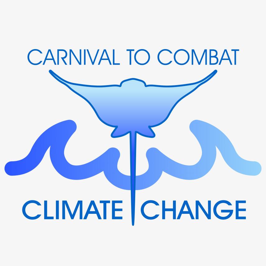 A logo of the event, which features a blue stingray in the center floating above an outline of blue waves. The text reads “Carnival to Combat” on top and “Climate Change” on the bottom. 