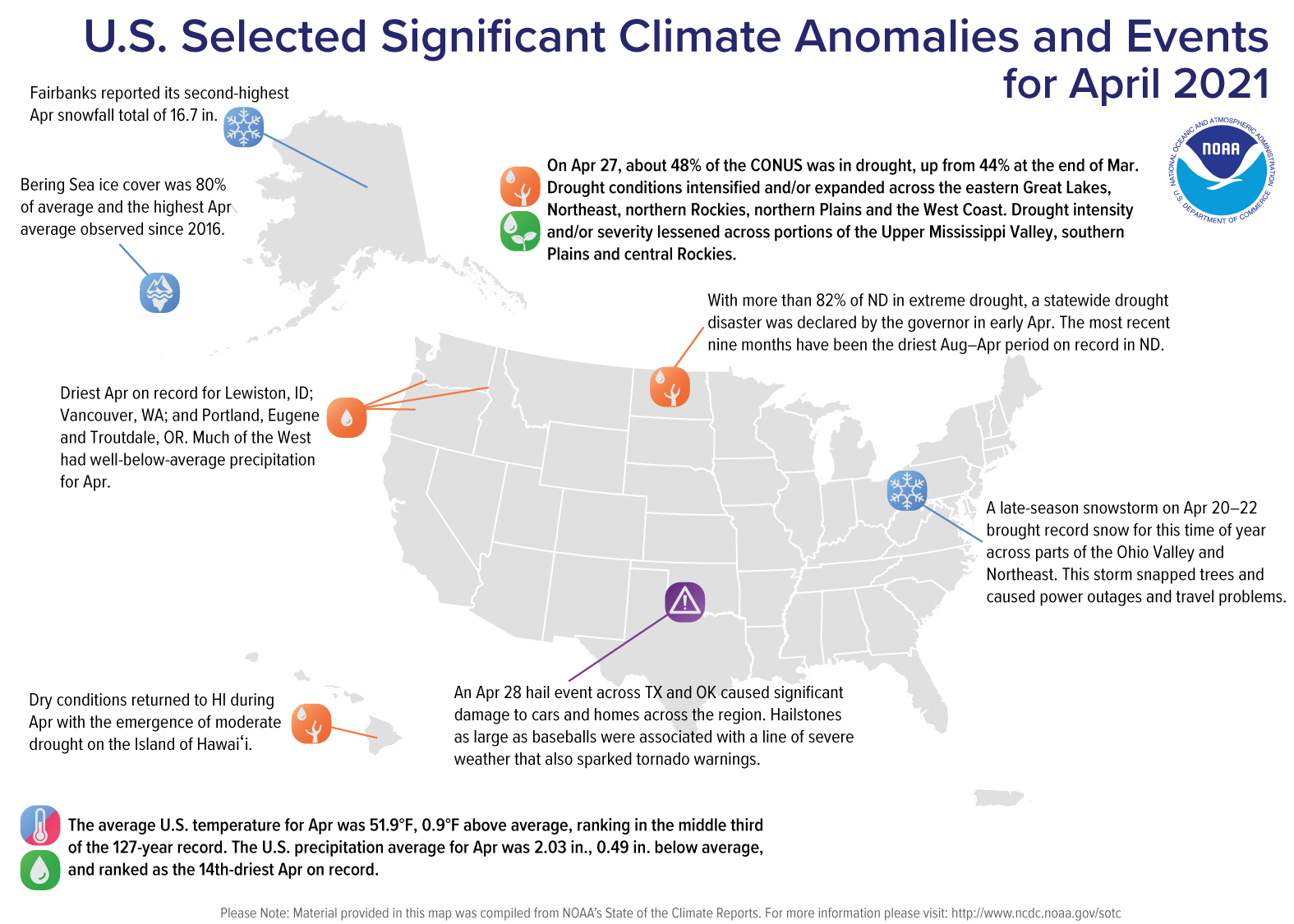 A map of the United States plotted with significant climate events that occurred during April 2021. 