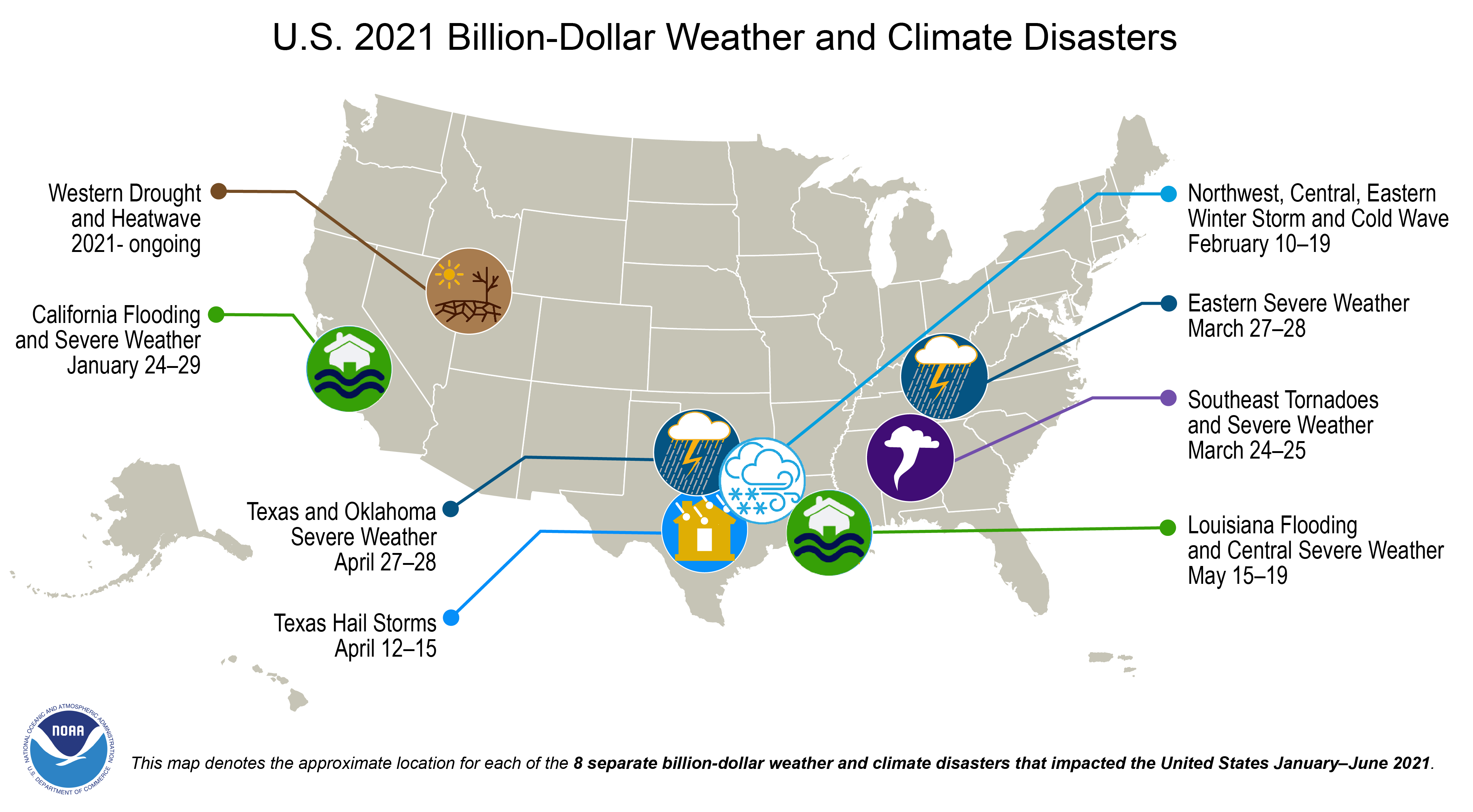 A U.S. map plotted with 8 billion-dollar weather and climate disasters that occurred in the first six months of 2021.